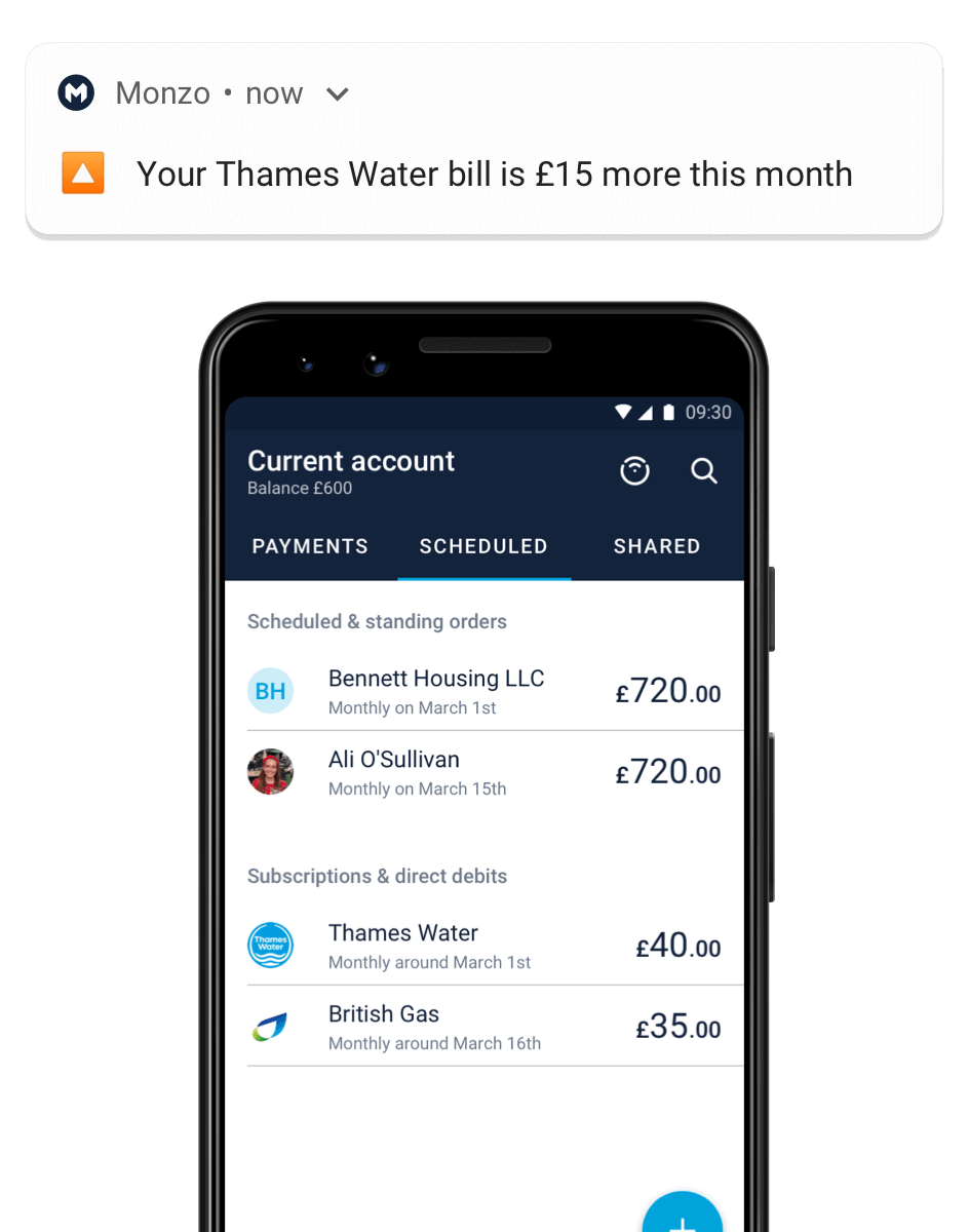 Monzo app with a notification showing your water bill being £15 more this month