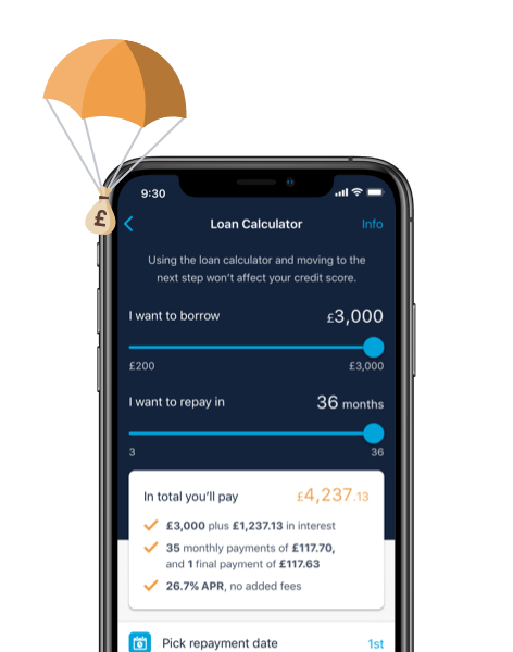 Monzo app showing the loan calculator