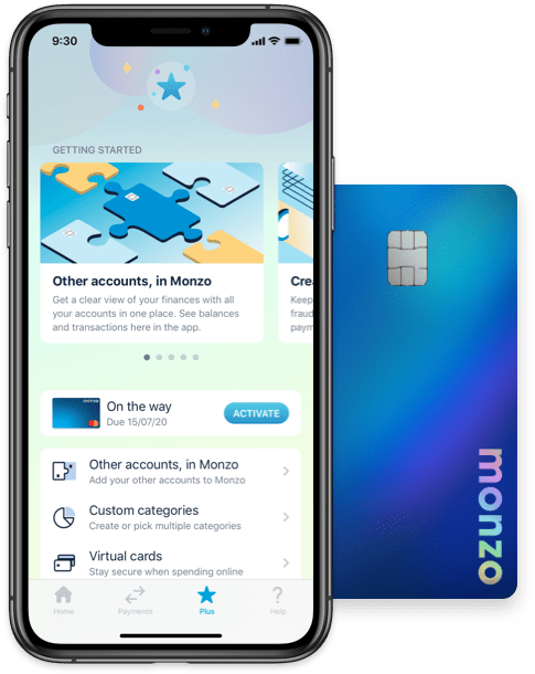 Monzo app with a Monzo Plus card